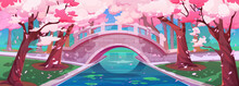 Japanese Cherry Garden With Bridge And Sakura Blossom. Spring Landscape Of Park With Stone Bridge Over River Or Brook, Chinese Cherry Trees With Pink Flowers, Vector Cartoon Illustration