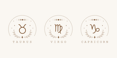 Wall Mural - Taurus, virgo, capricorn. Earth zodiac signs in boho style. Astrological icons on white background. Mystery and esoteric. Horoscope vector illustration. Spiritual symbols for tarot cards, calendars.