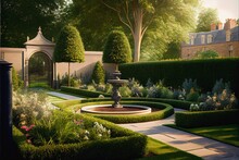 Luxury Backyard Landscape English Garden Hedges Fountain Walkways Bird Feeder Pond, Generative Ai