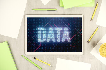 Wall Mural - creative data word hologram on modern digital tablet screen, big data and blockchain concept. top vi
