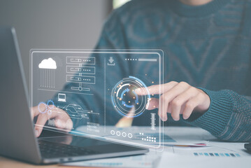 Software upgrade and update concept,Optimization in the new version and improve security,hardware upgrade technology always up to date,Male hand pointing at virtual icon