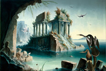 Wall Paper. Landscape, The Ruins Of An Ancient Roman Civilization With Birds Of The Marine Environment, By The Sea. Color Painting - Digital Painting