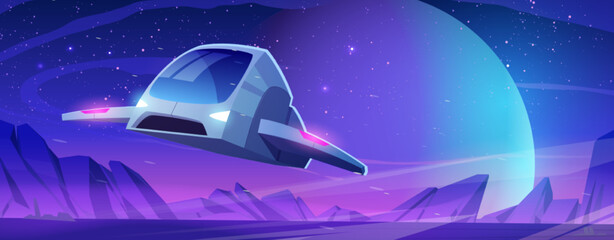 Wall Mural - spaceship flying above planet surface at night. universe and galaxy exploration, future science conc