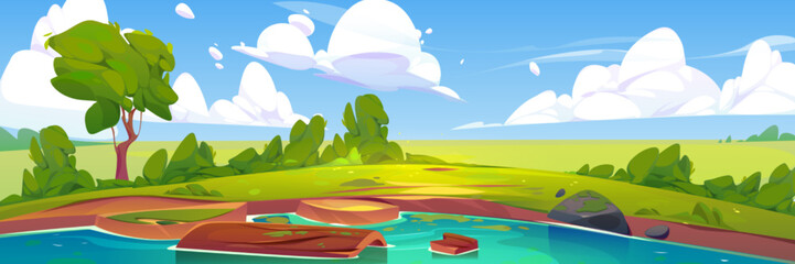 Wall Mural - Nature scene with lake. Summer landscape with green trees, grass, bushes, pond and wooden log in water. Fields, river coast and clouds in sky, vector cartoon illustration