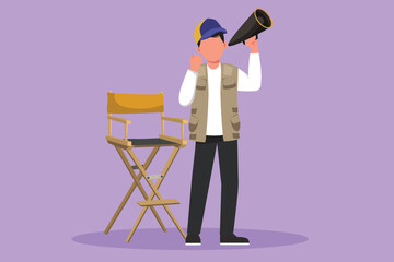 Wall Mural - Graphic flat design drawing film director stands and holding megaphone with celebrate gesture while prepare camera crew for shooting action film. Creative industry. Cartoon style vector illustration