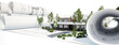Leinwandbild Motiv Bauplanung eines energieeffizienten Einfamilienhauses mit Dachterrasse und Swimmingpool - 3D Visualisierung