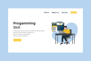 Programming skill concept, web engineer at work, vector images. programming Unique Illustration web site landing page template. vector design.