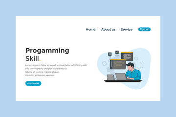 Programming skill concept, web engineer at work, vector images. programming Unique Illustration web site landing page template. vector design.