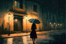 A Girl With An Umbrella On A Rainy Night