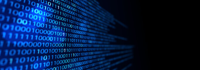 Matrix of binary numbers. Binary computer code. Futuristic backdrop. Flow of blue random digital numbers. 3d illustration