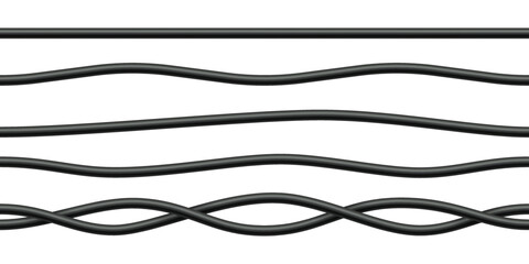 Realistic electrical wires. Cable power energy. Flexible thick network cord. Black electric computer connection wires. Seamless line cable. Vector illustration on white background.