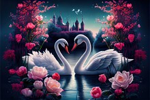Two White Swans Couple Swimming In Lake, Fantasy Magical Enchanted Fairy Tale Landscape With Elegant Birds In Love, Fairytale Blooming Pink Rose Flower Garden On Mysterious Blue Background In Night