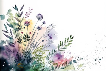 Abstract meadow watercolor flowers with paint drop