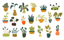 Houseplants Flowerpots Isolated Icons Vector Illustration. Decorative Home Plants, Botanical Icons, And Stickers. Flower Pots And Kitchen Herbs, Hanging Plants, Floral Decorations Collection.