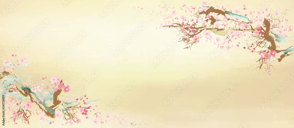 桜, 春, 水彩, 金箔, 金, 風景, 花, ピンク, 年賀状, 日本画, 和