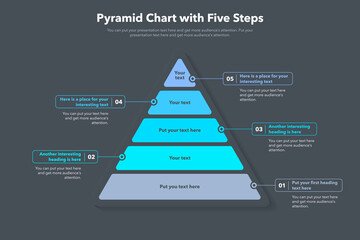 Leinwandbilder - Pyramid chart template with five colorful steps - dark version. Creative diagram divided into five steps.