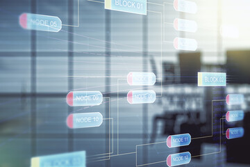 Double exposure of abstract programming language interface on a modern meeting room background, research and development concept