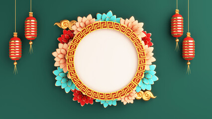 Sticker - Empty Chinese Circular Frame Decorated With Beautiful Flowers, Golden Clouds And Lanterns Hang On Green Background. 3D Render.