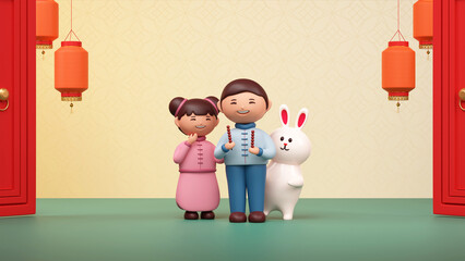 Sticker - 3D Illustration Of Cheerful Chinese Kids With Bunny Character Standing Together, Lanterns Hang On Asian Background For Chinese New Year Concept.