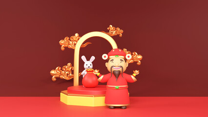 Poster - 3D Render, Chinese God Of Wealth (Caishen) Holding Ingots With Bunny Character, Treasure Sack On Podium And Golden Clouds Against Red Background.