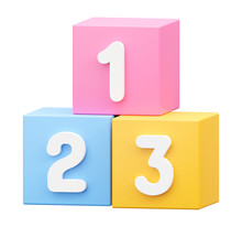 Preschool Number 123 Block 3d Icon Isolated On Illustration Png Background Of One Two Three Education Cube Brick Concept Or School Learn Child Play Toy Sign And Kid Math Count Box Simple Study Symbol.