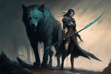 A Woman With A Magic Spear Standing In Front Of Her Guardian Wolf, Digital Art Style, Illustration Painting, Fantasy Concept Of A Woman With Weapons In Hands Standing Near Her Wolf Pet