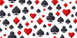 Playing card suit symbols icons. Pattern with falling red, black suits for playing cards on white background. 3d Vector illustration for casino, game design, advertising, ads of parties