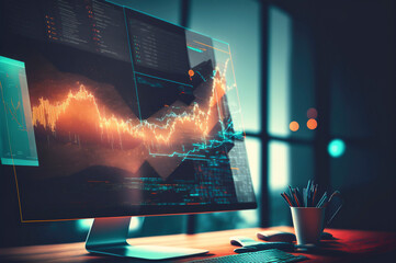 Wall Mural - Double exposure of abstract creative financial chart on modern laptop background, research and strategy concept. Created with Generative AI technology.