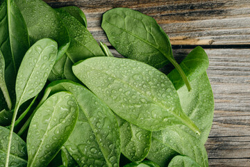 Wet fresh green baby spinach leaves on a wooden background.