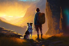 Traveler And Dog Standing And Looking At The Colorful Light In The Valley, Digital Art Style, Illustration Painting, Fantasy Concept Of A Traveler With His Animal Dog Pet Friend