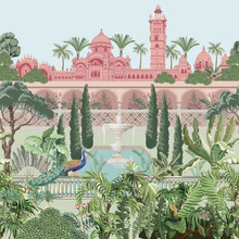 Mughal Garden, Peacock, Plants. Tree, Palace, Fence Vector Illustration Pattern