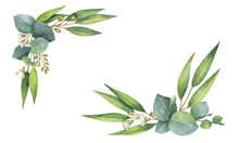 Watercolor Wreath With Green Eucalyptus Leaves And Branches. Perfect For Wedding Invitation, Postcard, Scrapbooking, Mother Day Card Decoration, Packaging, Greeting Cards, Textiles.
