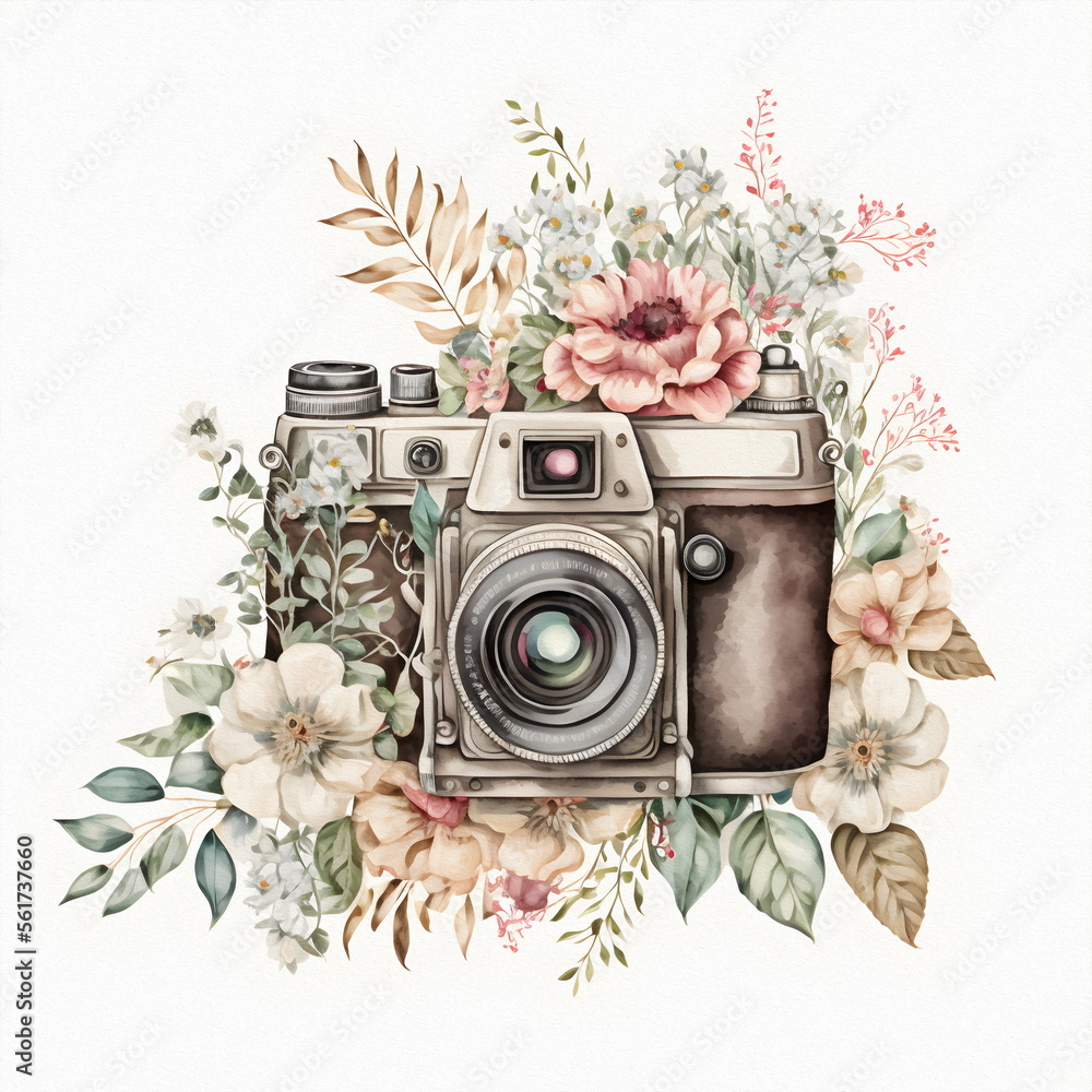 Retro camera in flowers and plants. Hand drawn photo camera. Can be used as  print, logo, for cards, wedding invitation. Watercolor illustration Stock  Illustration | Adobe Stock, image size:1000x1000