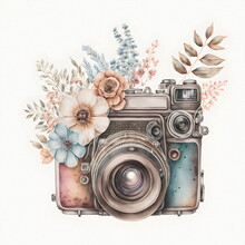 Retro Camera In Flowers And Plants. Hand Drawn Photo Camera. Can Be Used As Print, Logo, For Cards, Wedding Invitation. 