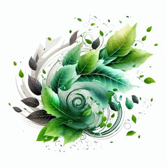 Leinwandbilder - Abstract wind swirls with green leaves and sparkles isolated on transparent background. Isolated on background. Cartoon vector illustration