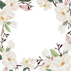 Wall Mural - watercolor white magnolia flower and leaf bouquet clipart square wreath frame