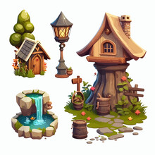 Gnome Village Set With Fantasy Houses, Water Well And Wooden Bench. Isolated On Background. Cartoon Vector Illustration