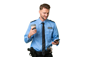 Sticker - Young police man over isolated background holding coffee to take away and a mobile