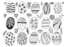 Easter Eggs With Botanical Elements Set Doodle Style. Happy Easter Hand Drawn Isolated On White Background. Spring Holiday. Happy Easter. Vector Illustration.