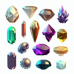 Leinwandbilder - Magic crystals, precious gemstones with glow and sparkles. Isolated on background. Cartoon vector illustration