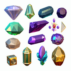 Leinwandbilder - Magic crystals, precious gemstones with glow and sparkles. Isolated on background. Cartoon vector illustration