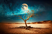 Lonely Thin Tree And Full Beautiful Moon In Night Sky Of Desert
