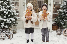 Happy Siblings Standing With Gingerbread Man Cookies Outside House