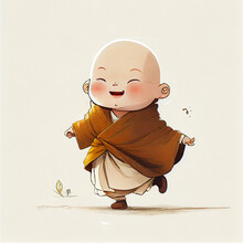 Cartoon. Happy Little Monk. Generative Ai