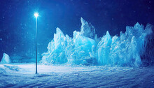A Picturesque Snowy Terrain, Featuring An Arch, Bathed In The Eerie Glow Of Night. Drifts Of Snow And Towering Icebergs Blanket The Area, Giving Off A Sense Of Bitter Cold. The Atmosphere Is One Of A 
