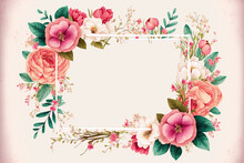 Valentine's Day Frame Decorated With Pink Watercolor Flowers. Elegant Rectangle Design With Copy-space.
