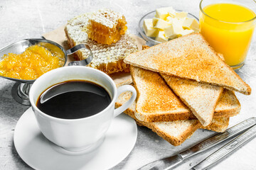 Poster - Breakfast. Toasted bread with butter, honey and orange jam.