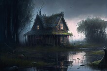 Old Hunting Shack Fishing Cabin In The Swamp Beau , Generative Ai