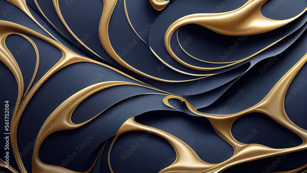 Abstract wavy blue wallpaper with golden lines. Waves background with ...