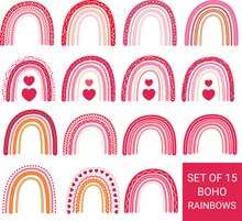 Set Of 15 Boho Rainbows. Collection Of 15 Vector Abstract Decorative Boho Rainbows With Hearts, Dots, Pattern Best For Any Design